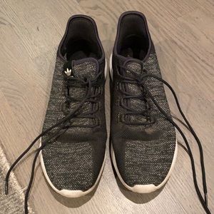 Grey & black fabric adidas, size 10.5 men’s. White soles.